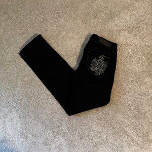 Seven 7 Skinny Jeans Black w/ Grey Stitching Embroidered Bling Size 4 (29x30)